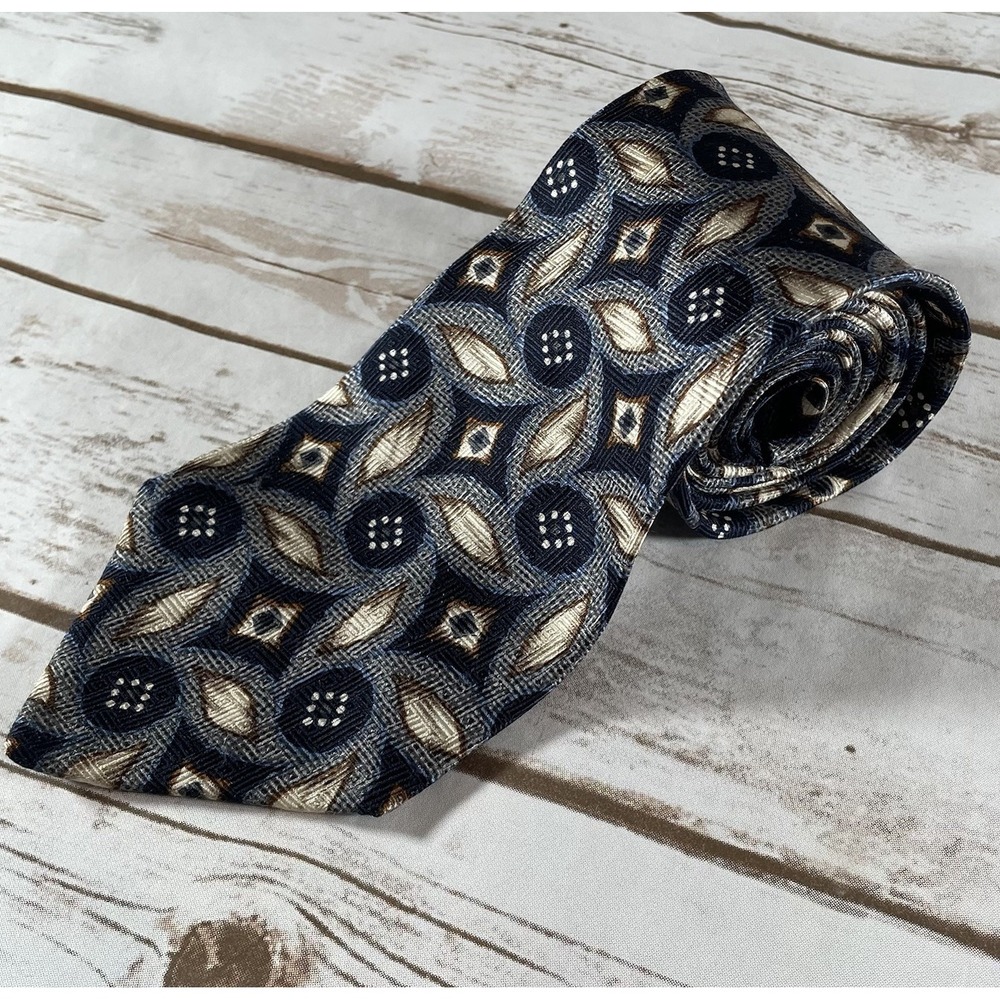 Henry Grethel Men's Silk Tie Geometric Pattern Navy Blue Gold Beige‎ Necktie